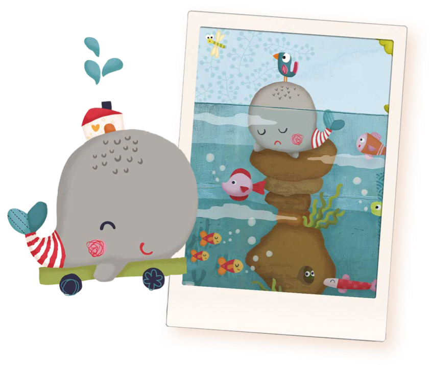 Whale character with her picture